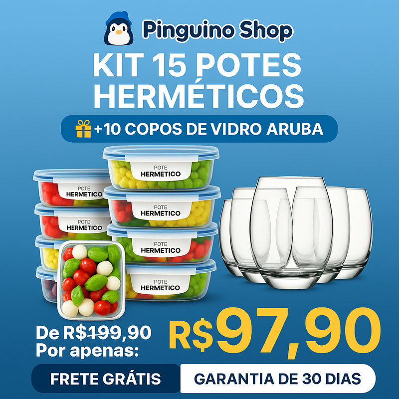 Kit 15 Potes Herméticos de Vidro + {BRINDE} 10 Copos de Vidro Aruba