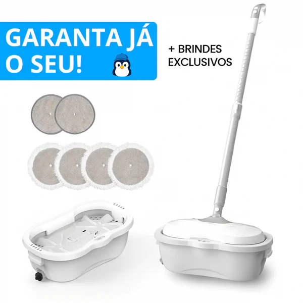 {QUEIMA DE ESTOQUE} Mop Elétrico + BRINDES: Módulos de Limpeza e Tanque Suporte