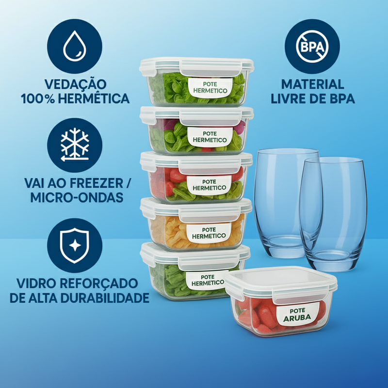 Kit 15 Potes Herméticos de Vidro + {BRINDE} 10 Copos de Vidro Aruba